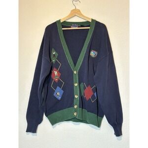 Vintage Mens XL Golf Cardigan Elbow Patches Cotton Knit Grandpa Preppy
